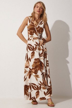 Женское коричневое кремовое летнее вязаное платье с цветочным воротником ZH00016