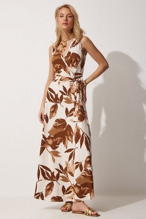 Женское коричневое кремовое летнее вязаное платье с цветочным воротником ZH00016