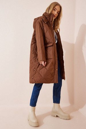 Женское коричневое стеганое пальто с капюшоном FN02999