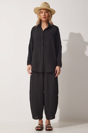 Женский комплект из черной льняной рубашки и брюк-шалвар DZ00080