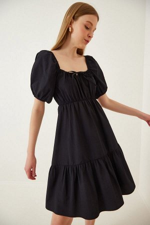 Женское черное расклешенное поплиновое платье со сборным воротником DD01088