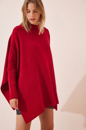 Женский красный свитер-пончо оверсайз с боковыми разрезами YY00005
