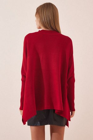 Женский красный свитер-пончо оверсайз с боковыми разрезами YY00005