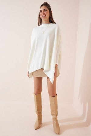 Женский свитер-пончо оверсайз цвета экрю с боковыми разрезами YY00005