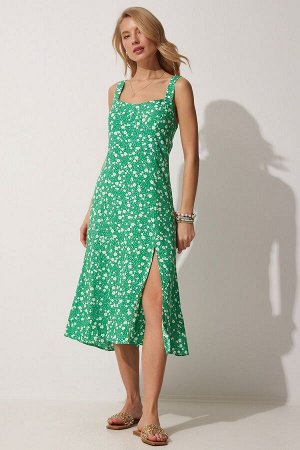 Женское зеленое кремовое летнее вискозное платье с квадратным воротником и цветочным принтом DD01208