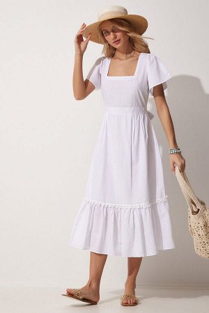 Женское белое льняное платье с квадратным воротником JH00046