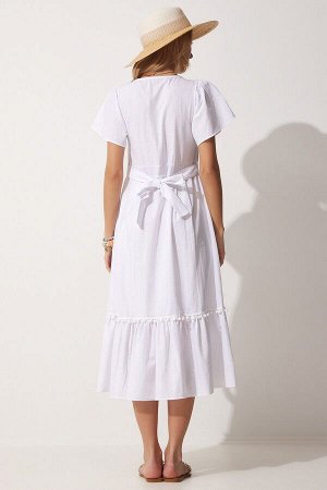 Женское белое льняное платье с квадратным воротником JH00046