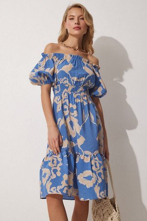 Женское летнее льняное вискозное платье с воротником кармен синего цвета MX00084