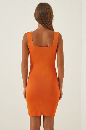 Женское мини-трикотажное платье из лайкры оранжевого цвета с квадратным воротником ZA00057