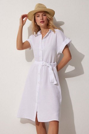 Женское льняное платье-рубашка цвета экрю с поясом MX00046