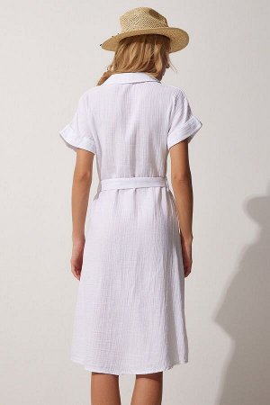 Женское льняное платье-рубашка цвета экрю с поясом MX00046