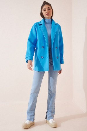 Женское двубортное кашемировое пальто синего цвета TO00034