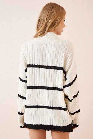 Женская водолазка цвета экрю в полоску, вязаный свитер оверсайз DD01143