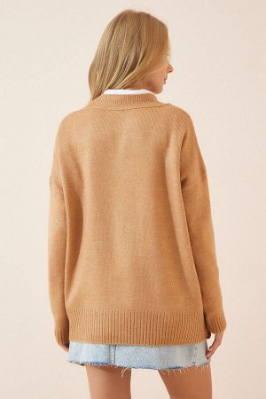 Женский свободный вязаный свитер светло-коричневого цвета с v-образным вырезом BV00003