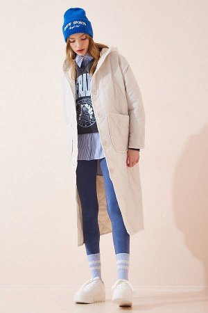 Женское светло-кремовое стеганое пальто большого размера с капюшоном FN02967