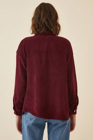 Женская бордовая бархатная легкая рубашка оверсайз 3860 DD00768