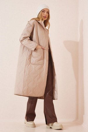Женское кремовое стеганое пальто большого размера с капюшоном FN02967