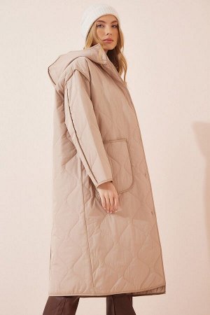Женское кремовое стеганое пальто большого размера с капюшоном FN02967