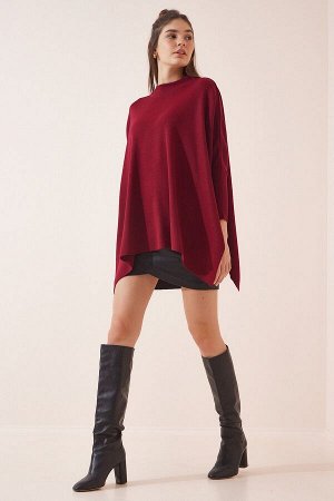 Женский бордовый свитер-пончо оверсайз с боковыми разрезами YY00005