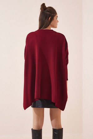 Женский бордовый свитер-пончо оверсайз с боковыми разрезами YY00005