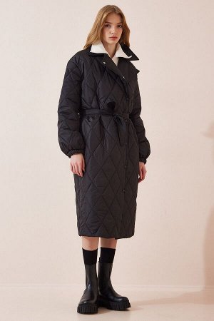 Женское стеганое пальто оверсайз с высоким воротником черного цвета FN02992