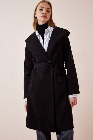 Женское черное пальто с капюшоном FN03002