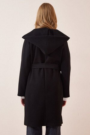 Женское черное пальто с капюшоном FN03002