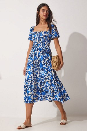 Женское синее летнее вискозное платье с цветочным узором CI00079