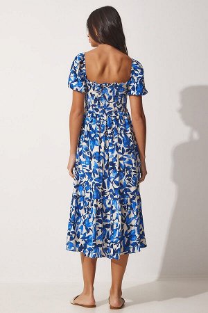 Женское синее летнее вискозное платье с цветочным узором CI00079