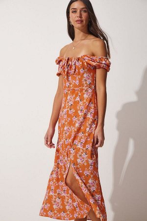 Женское оранжевое атласное летнее платье с воротником со сборками и цветочным принтом FF00125