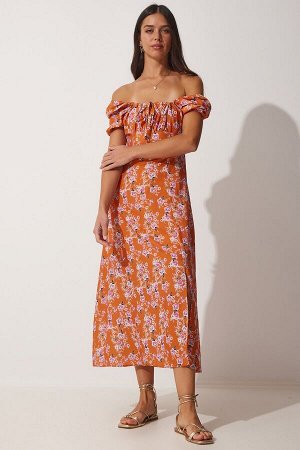 Женское оранжевое атласное летнее платье с воротником со сборками и цветочным принтом FF00125