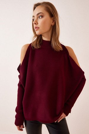 Женский бордовый вязаный свитер оверсайз с вырезами AS00015
