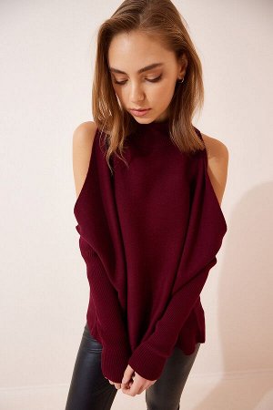 Женский бордовый вязаный свитер оверсайз с вырезами AS00015