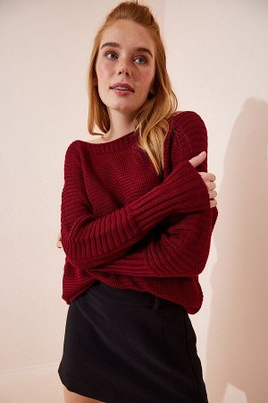 Женский бордовый длинный трикотажный свитер с вырезом «лодочка» ZA00068