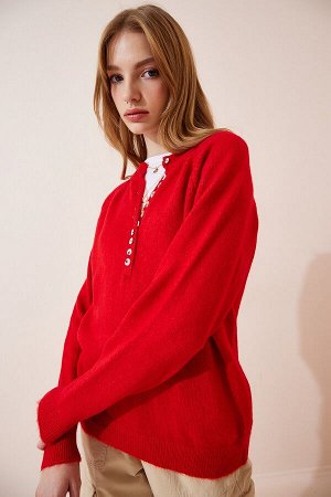 Женский яркий красный вязаный свитер с воротником на пуговицах LX00040