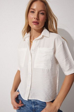 Женская короткая льняная рубашка с мятой текстурой цвета экрю DE00018
