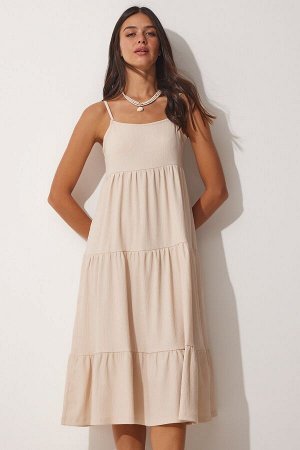 Женское кремовое летнее трикотажное платье с оборками на бретелях UB00077