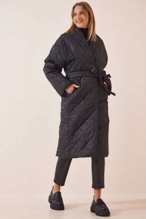 Женское черное стеганое пальто оверсайз с шалевым воротником HM00053