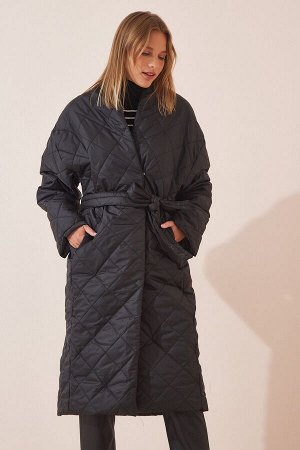 Женское черное стеганое пальто оверсайз с шалевым воротником HM00053