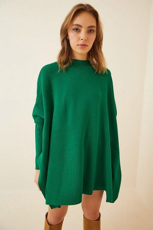 Женский зеленый свитер-пончо оверсайз с боковыми разрезами YY00005
