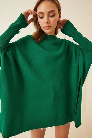 Женский зеленый свитер-пончо оверсайз с боковыми разрезами YY00005