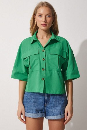 Женская зеленая хлопковая короткая рубашка из поплина с карманами MX00042