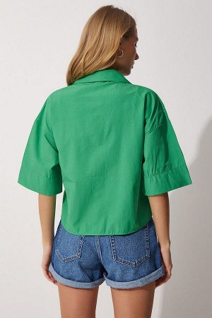 Женская зеленая хлопковая короткая рубашка из поплина с карманами MX00042