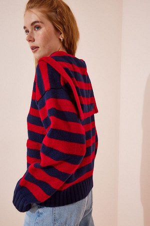 Женский темно-синий красный трикотажный свитер в полоску с воротником-поло YY00121