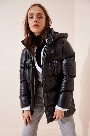 Женское черное надувное пальто из искусственной кожи с капюшоном RV00089