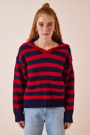 Женский темно-синий красный трикотажный свитер в полоску с воротником-поло YY00121
