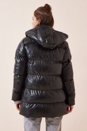 Женское черное надувное пальто из искусственной кожи с капюшоном RV00089