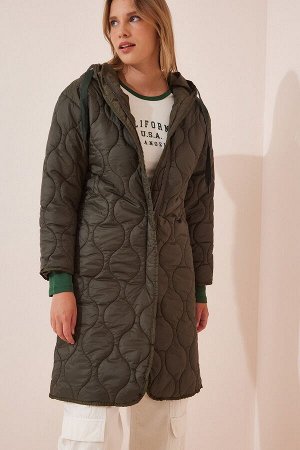 Женское стеганое пальто цвета хаки с капюшоном HM00052
