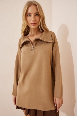 Женский вязаный свитер оверсайз с воротником-молнией бисквитного цвета KB00031