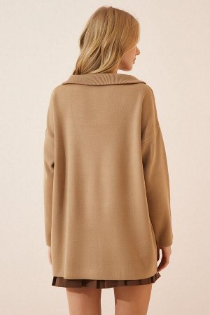 Женский вязаный свитер оверсайз с воротником-молнией бисквитного цвета KB00031